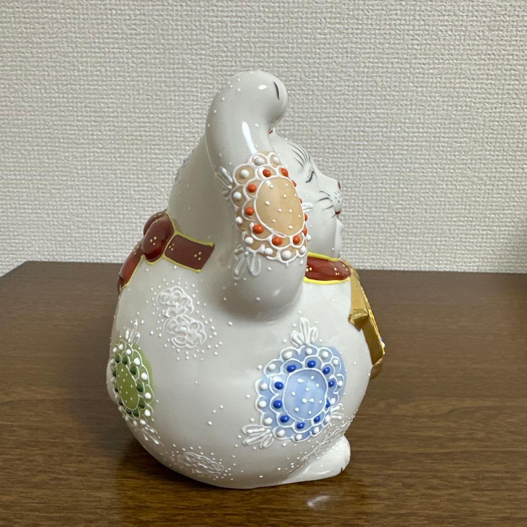 九谷焼 絵馬 招き猫 4.5号 両手上げ 白盛 猫置物 陶器