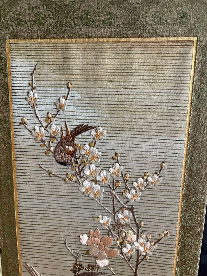刺繍　屏風　花鳥画