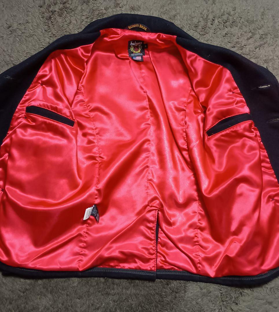 レア Schott レザーパイピングウールPコート ネイビー/黒 本革