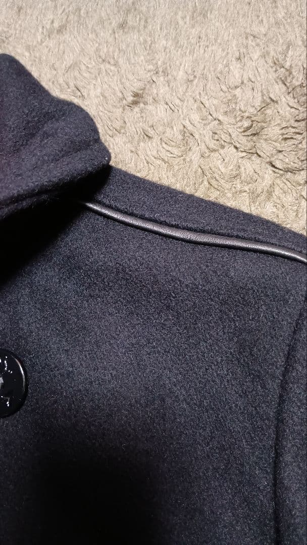 レア Schott レザーパイピングウールPコート ネイビー/黒 本革