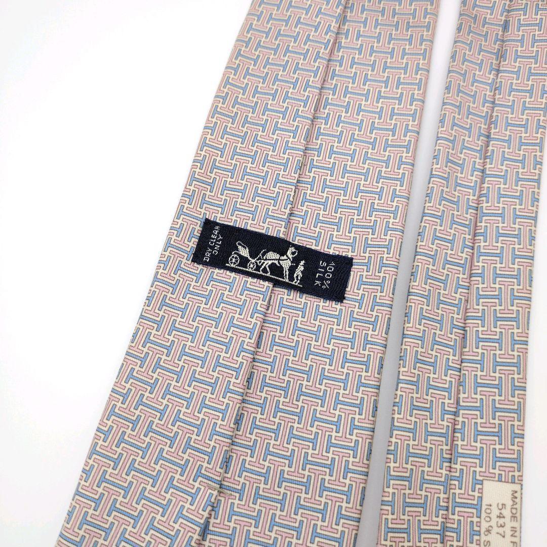 【美品】エルメス ネクタイ ピンク 水色 H柄 高級 ハイブランド【フランス製】