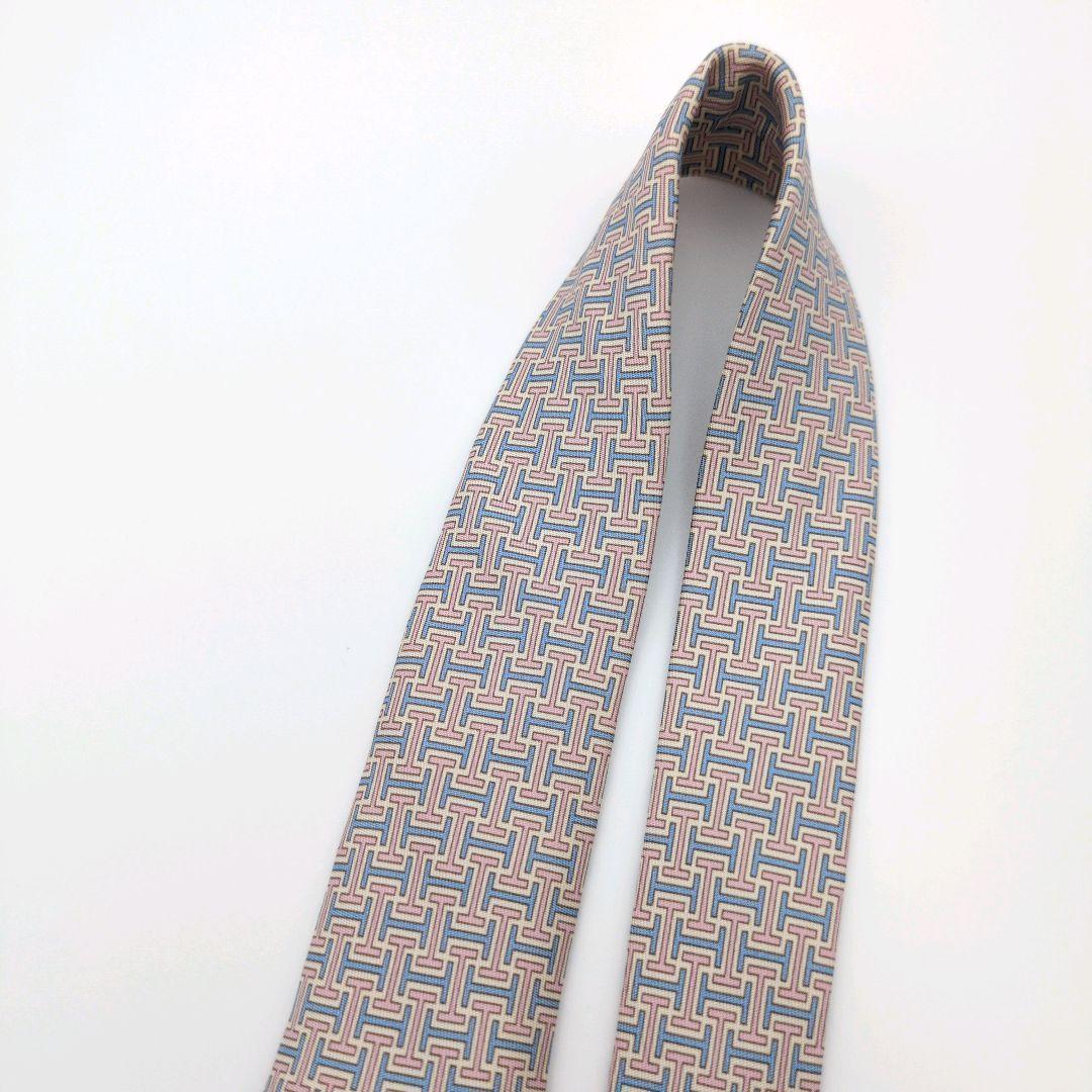 【美品】エルメス ネクタイ ピンク 水色 H柄 高級 ハイブランド【フランス製】