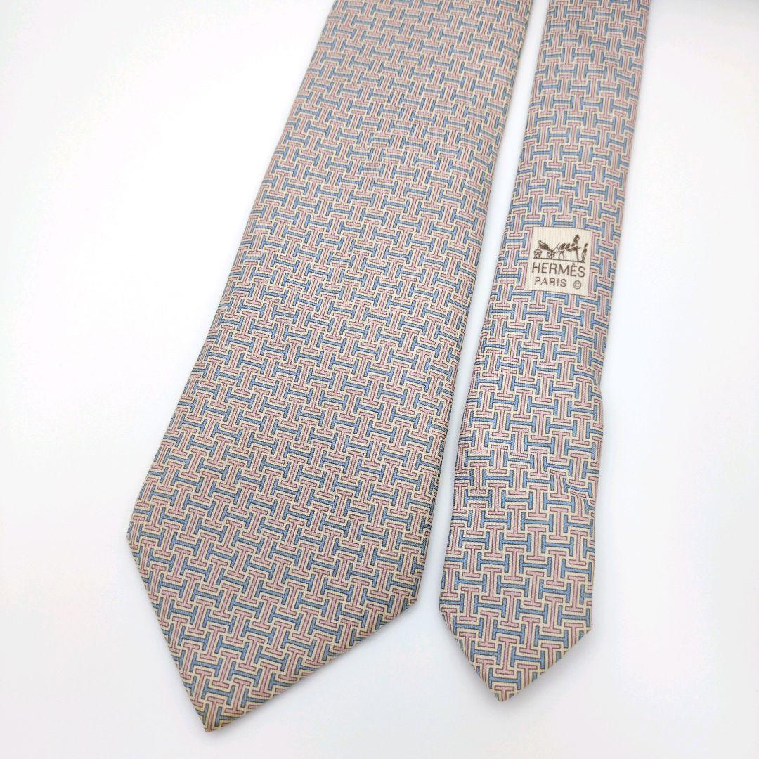 【美品】エルメス ネクタイ ピンク 水色 H柄 高級 ハイブランド【フランス製】