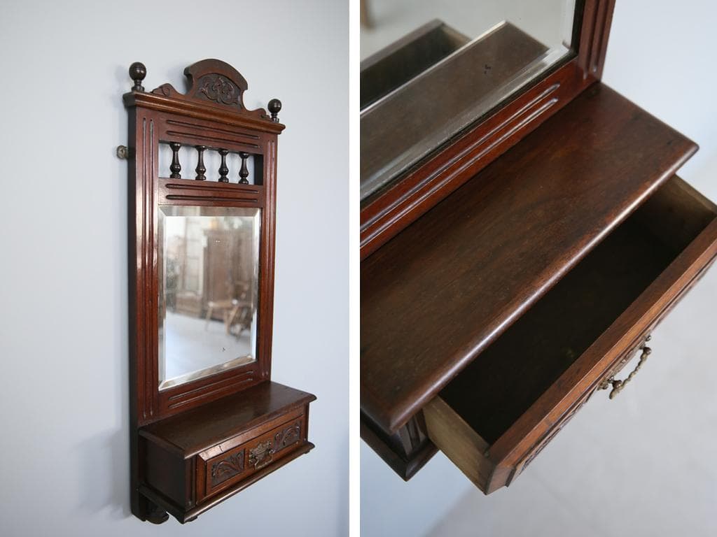 英国アンティーク木製ウォールミラー/化粧鏡/洗面台鏡/壁掛け鏡(91-137)