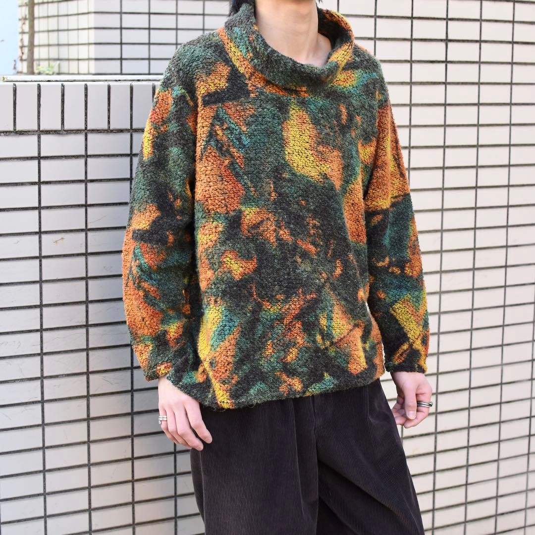 古着 タートルネック フリース カットソー 総柄 柄