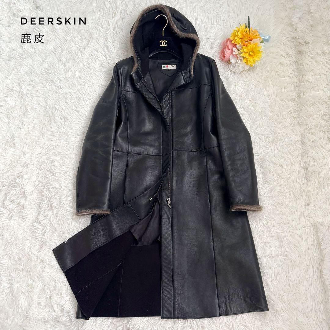 ITALYMODE 鹿皮　Deerskin ロングコート　ブラック　リアルレザー