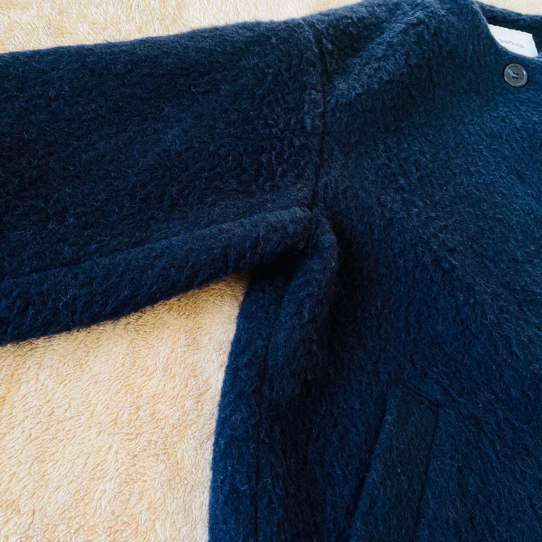 SHIPS any ウール シャギー ノーカラー コクーン コート ネイビー