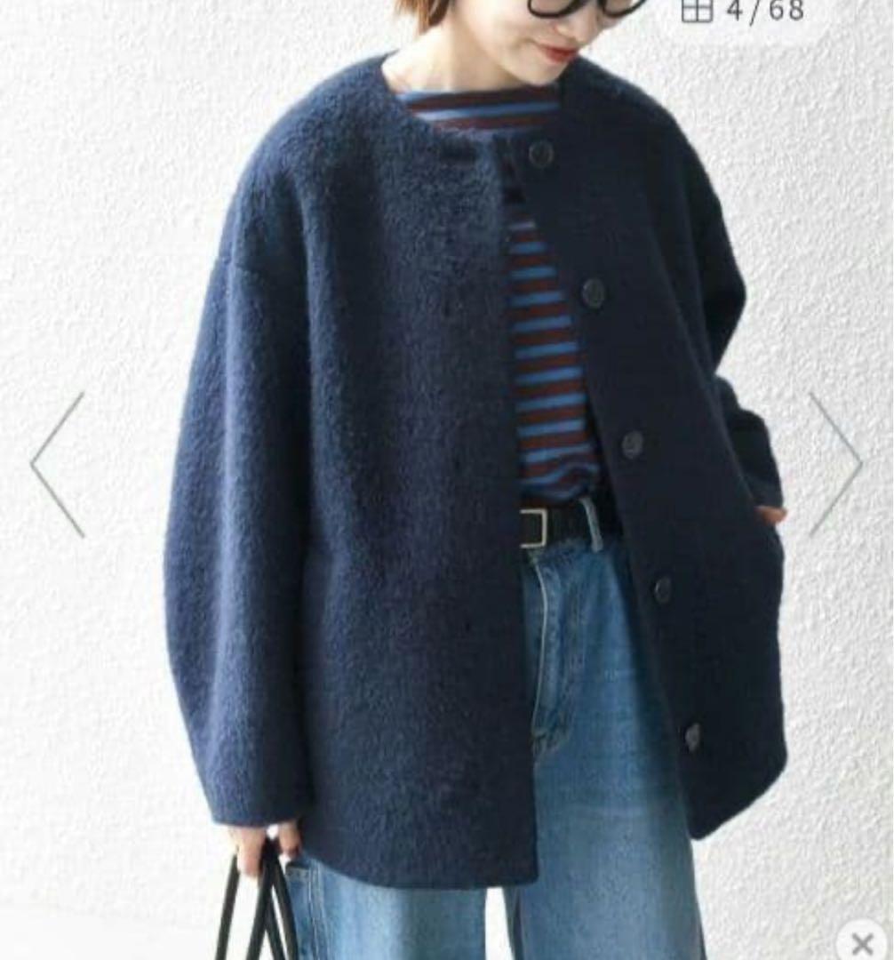 SHIPS any ウール シャギー ノーカラー コクーン コート ネイビー