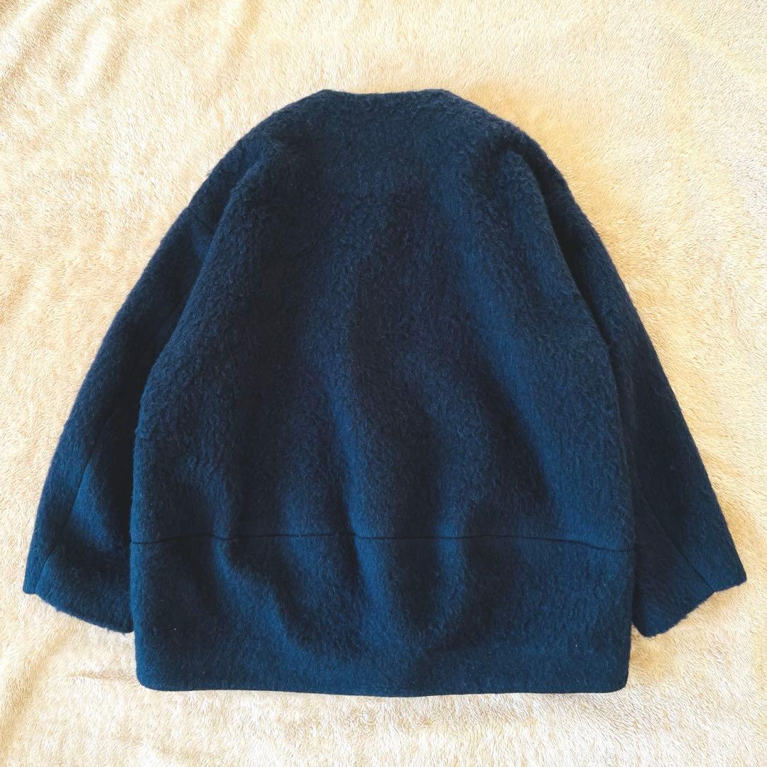 SHIPS any ウール シャギー ノーカラー コクーン コート ネイビー
