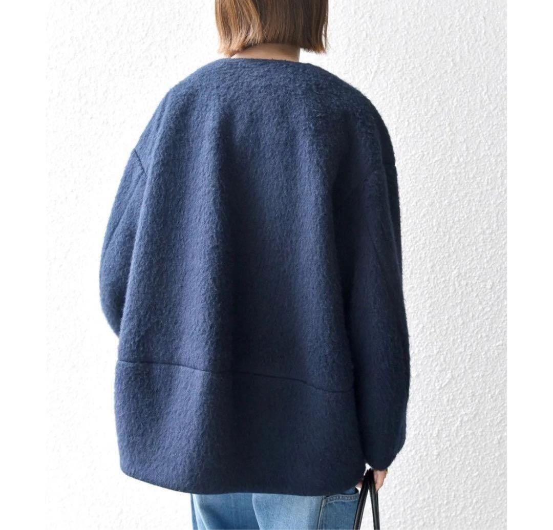 SHIPS any ウール シャギー ノーカラー コクーン コート ネイビー