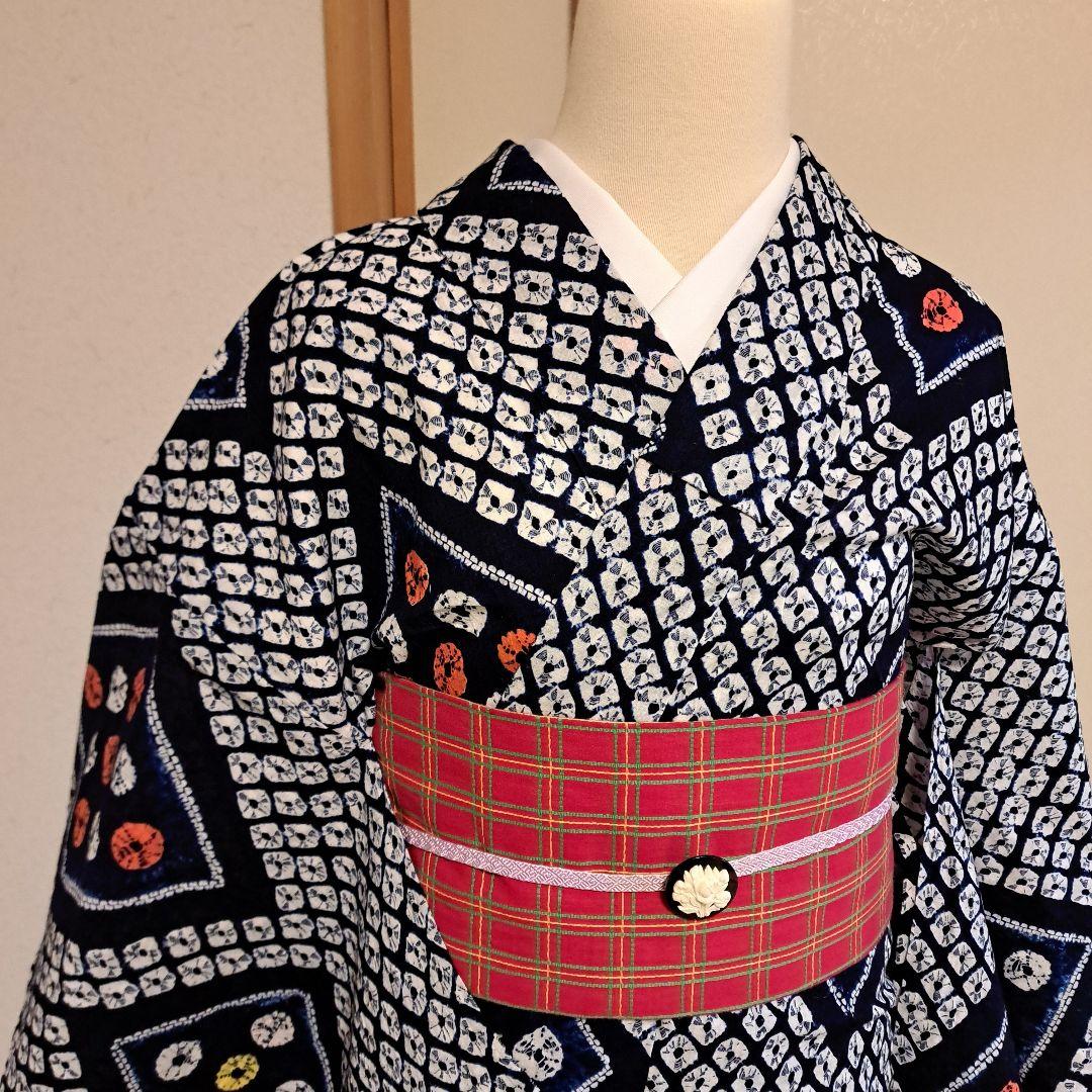 nao　普段着物　紬　クリーム色 M 　肩身丈159 +有松絞り浴衣