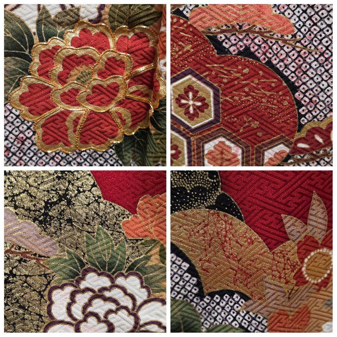 B5◆着物くつろぎ 雲取花文様 金彩 金駒刺繍 赤 袷 正絹 成人式 振袖 着物