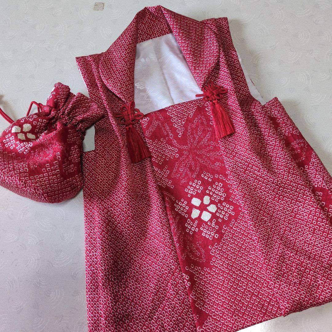 七五三３歳正絹総絞り手縫いの被布(巾着付き）赤色