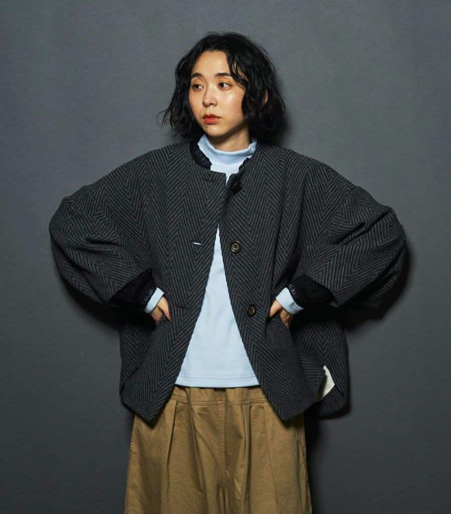 tumugu ビッグヘリンボーンノーカラージャケット