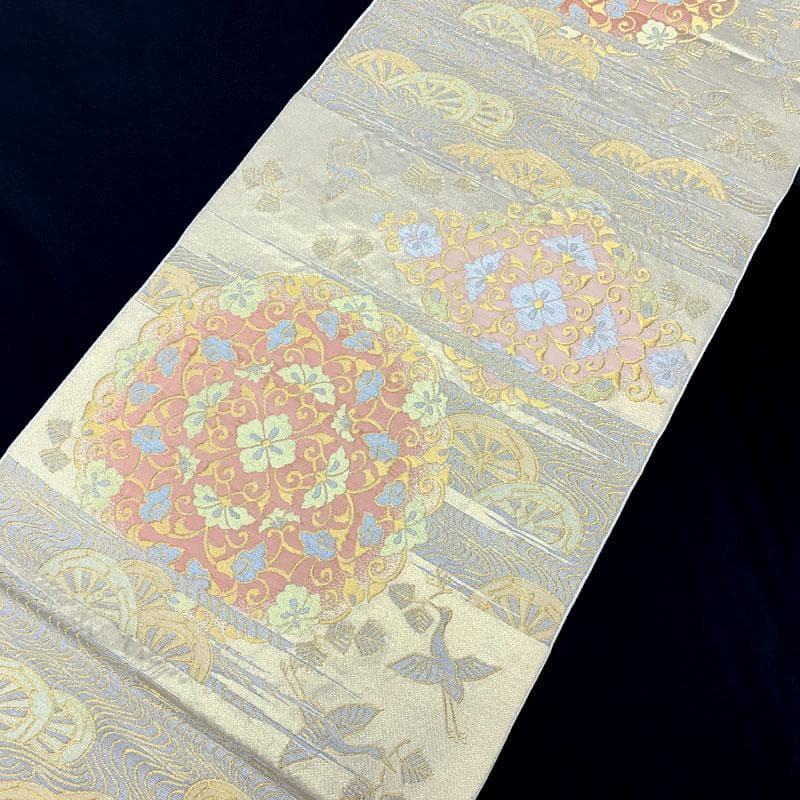 506my12◇川島織物 本金 唐草 松 鶴 源氏車 流水 金糸 六通 本袋帯◇