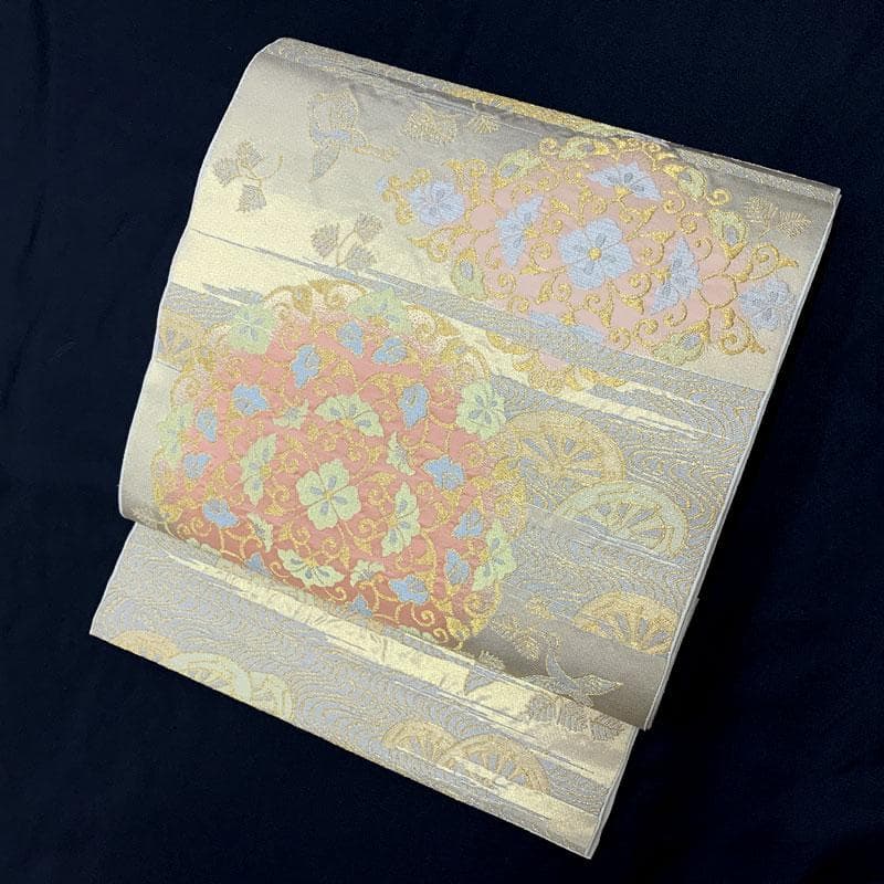 506my12◇川島織物 本金 唐草 松 鶴 源氏車 流水 金糸 六通 本袋帯◇