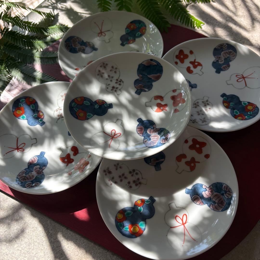 六瓢箪皿　５枚　有田焼　徳七窯　ひょうたん　丸皿　取り皿　銘々皿　和食器　手描き