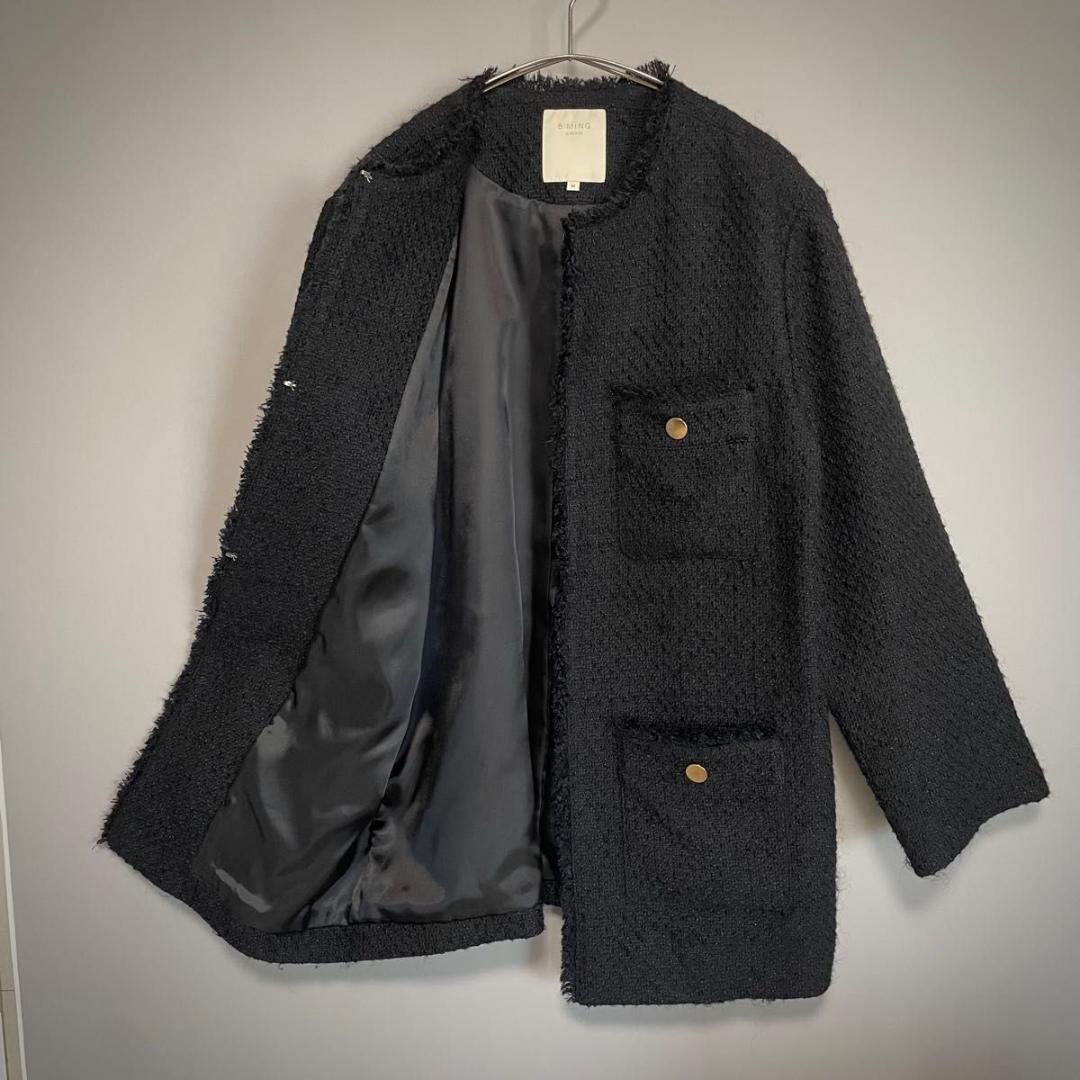 B:MING by BEAMS　ツイード M 黒 ノーカラ- フリンジ 金ボタン