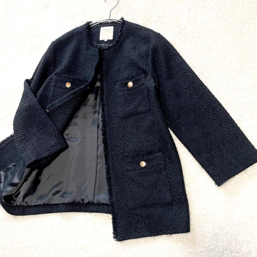 B:MING by BEAMS　ツイード M 黒 ノーカラ- フリンジ 金ボタン