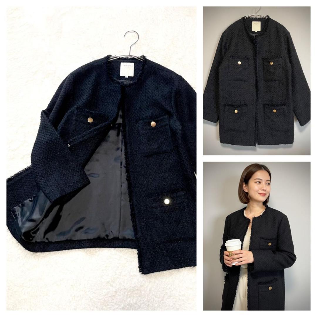 B:MING by BEAMS　ツイード M 黒 ノーカラ- フリンジ 金ボタン