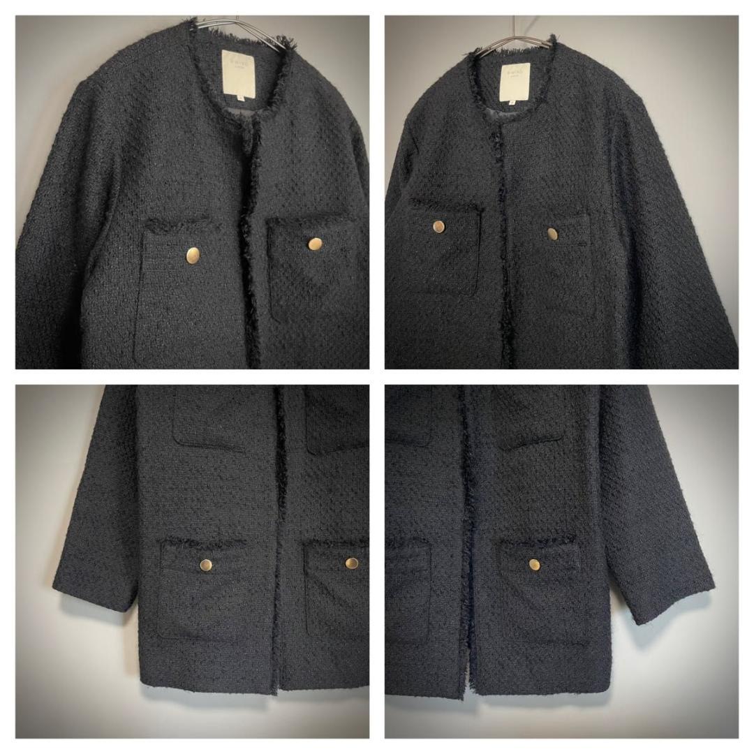 B:MING by BEAMS　ツイード M 黒 ノーカラ- フリンジ 金ボタン