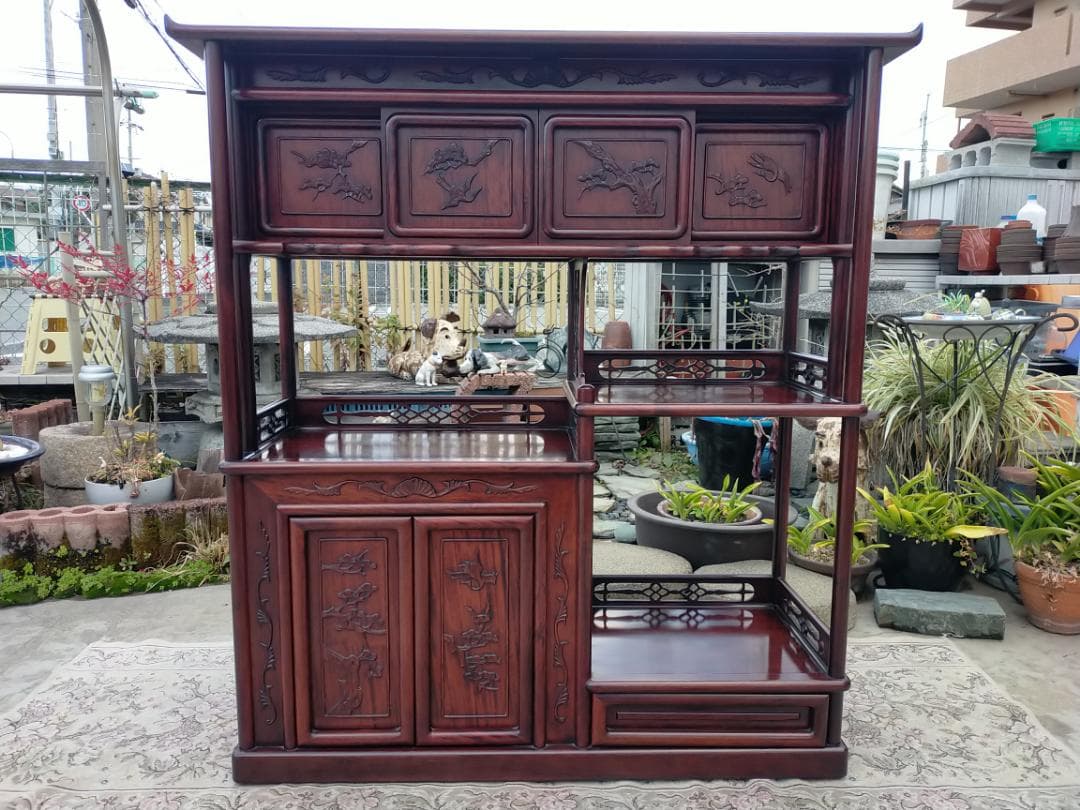 (配送設置込み) 高級茶棚☆茶箪笥☆唐木飾り棚☆収納棚☆透かし彫り☆無垢