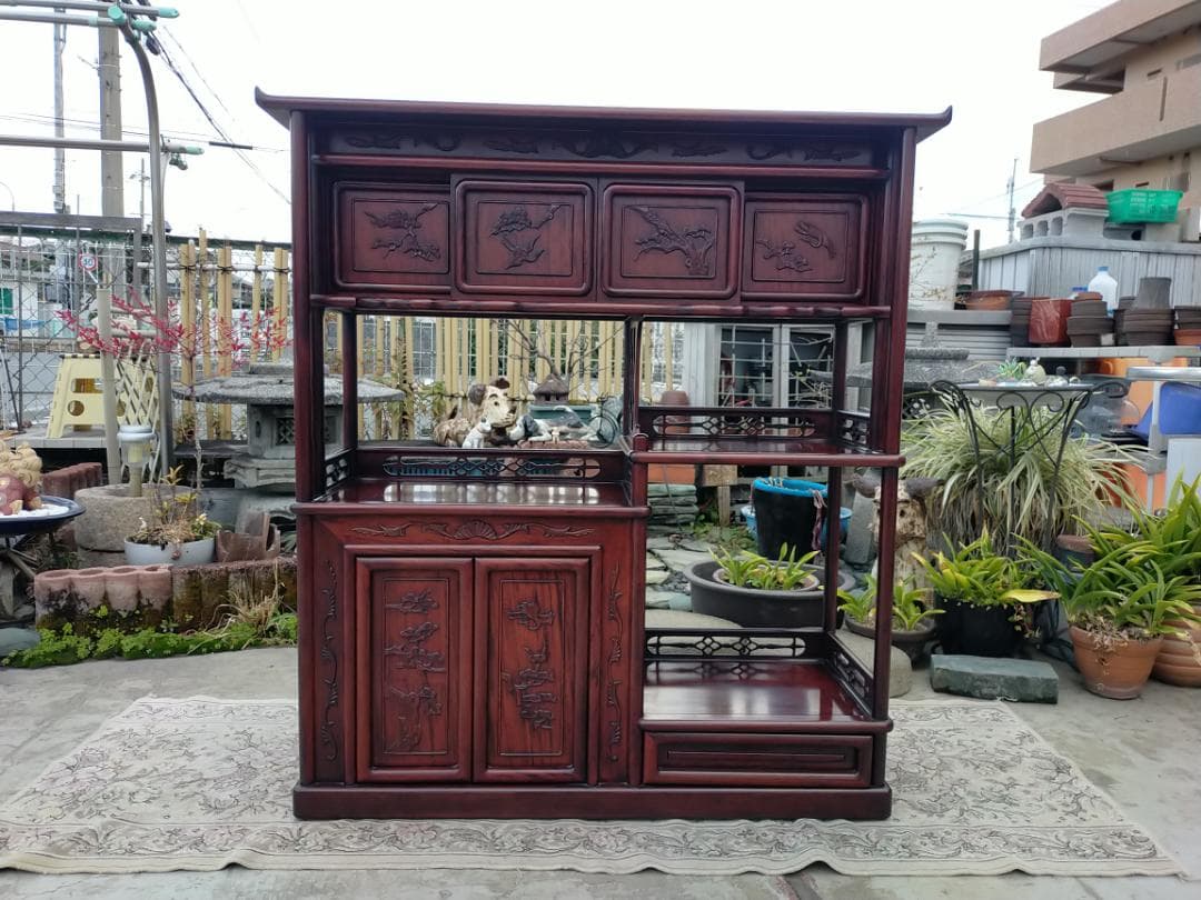 (配送設置込み) 高級茶棚☆茶箪笥☆唐木飾り棚☆収納棚☆透かし彫り☆無垢