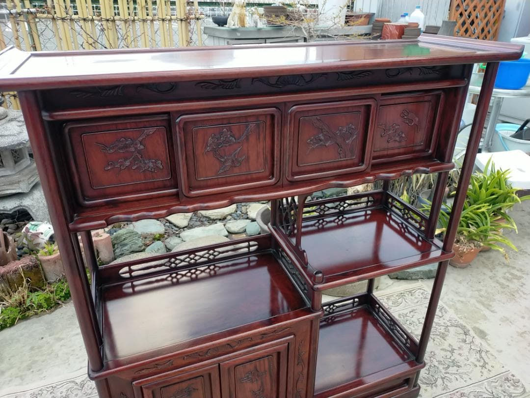 (配送設置込み) 高級茶棚☆茶箪笥☆唐木飾り棚☆収納棚☆透かし彫り☆無垢