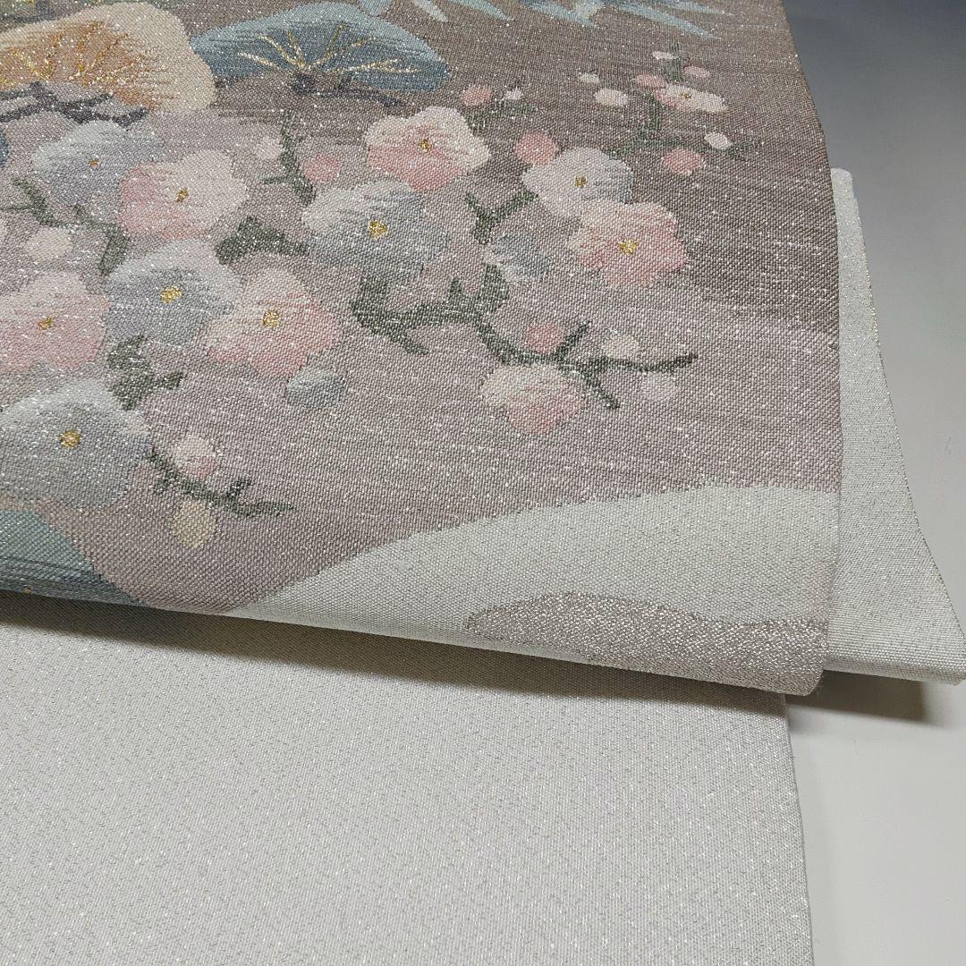 美品❗二重太鼓の付け帯⭐シルバー 松竹梅菊 お太鼓柄 3136+フック500