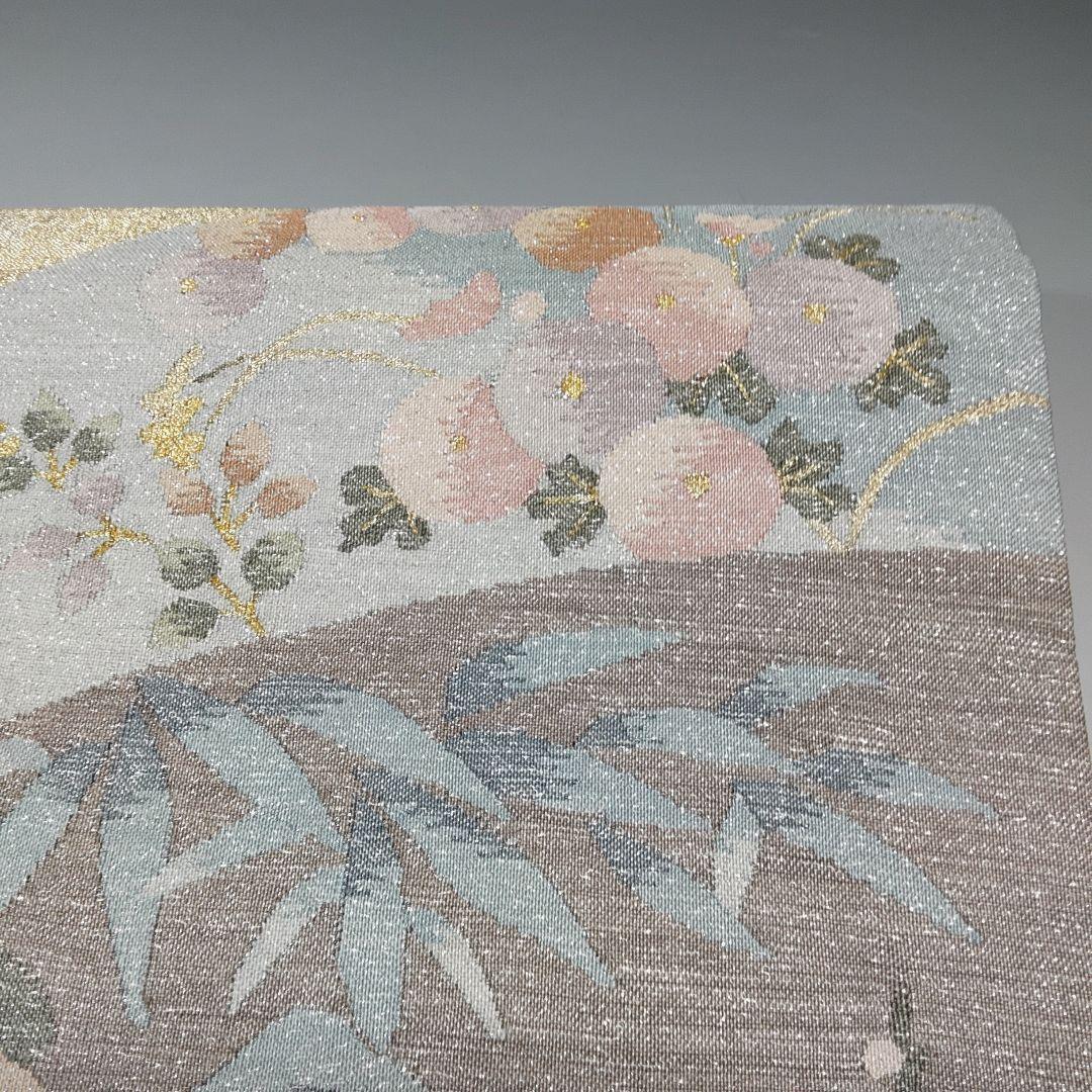美品❗二重太鼓の付け帯⭐シルバー 松竹梅菊 お太鼓柄 3136+フック500