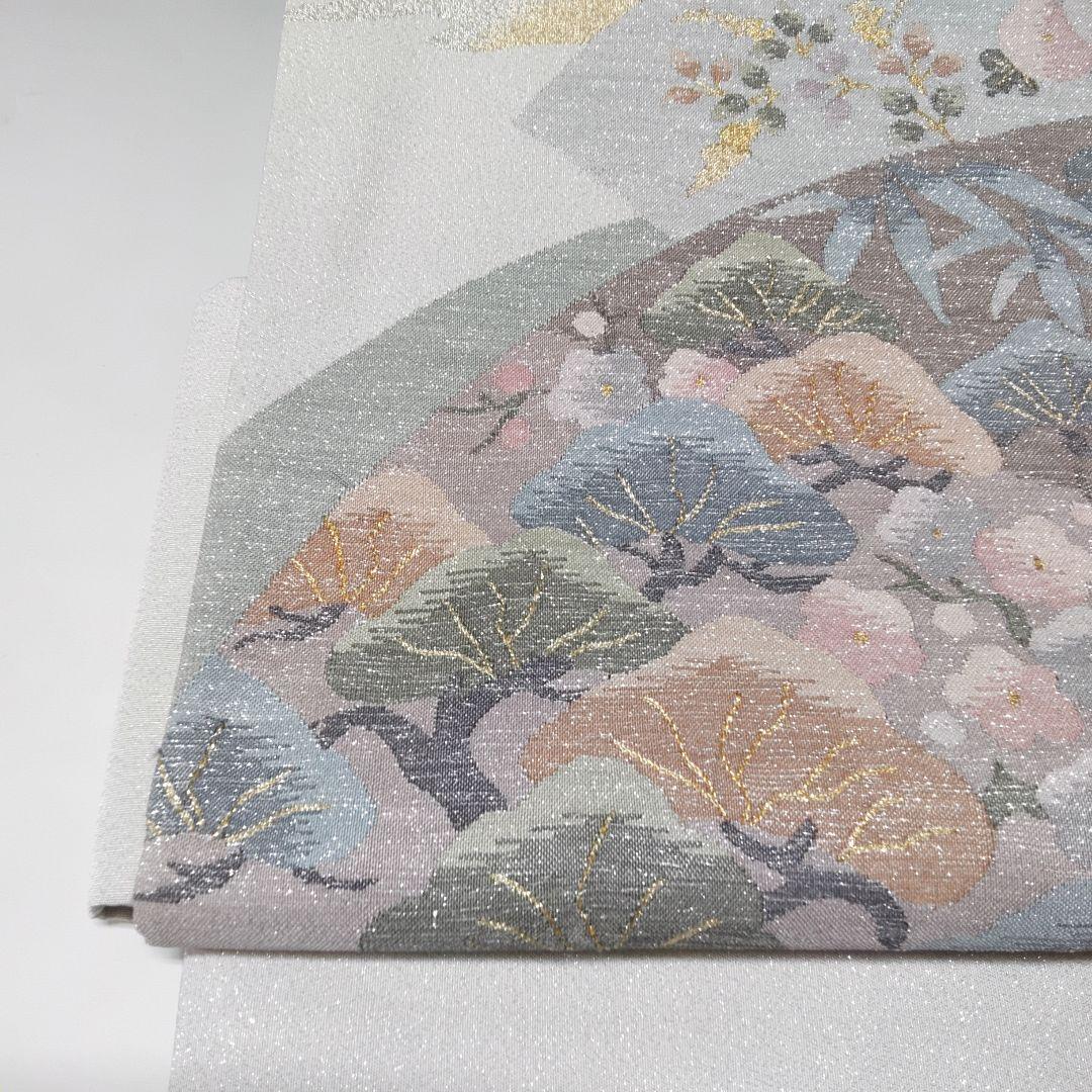美品❗二重太鼓の付け帯⭐シルバー 松竹梅菊 お太鼓柄 3136+フック500
