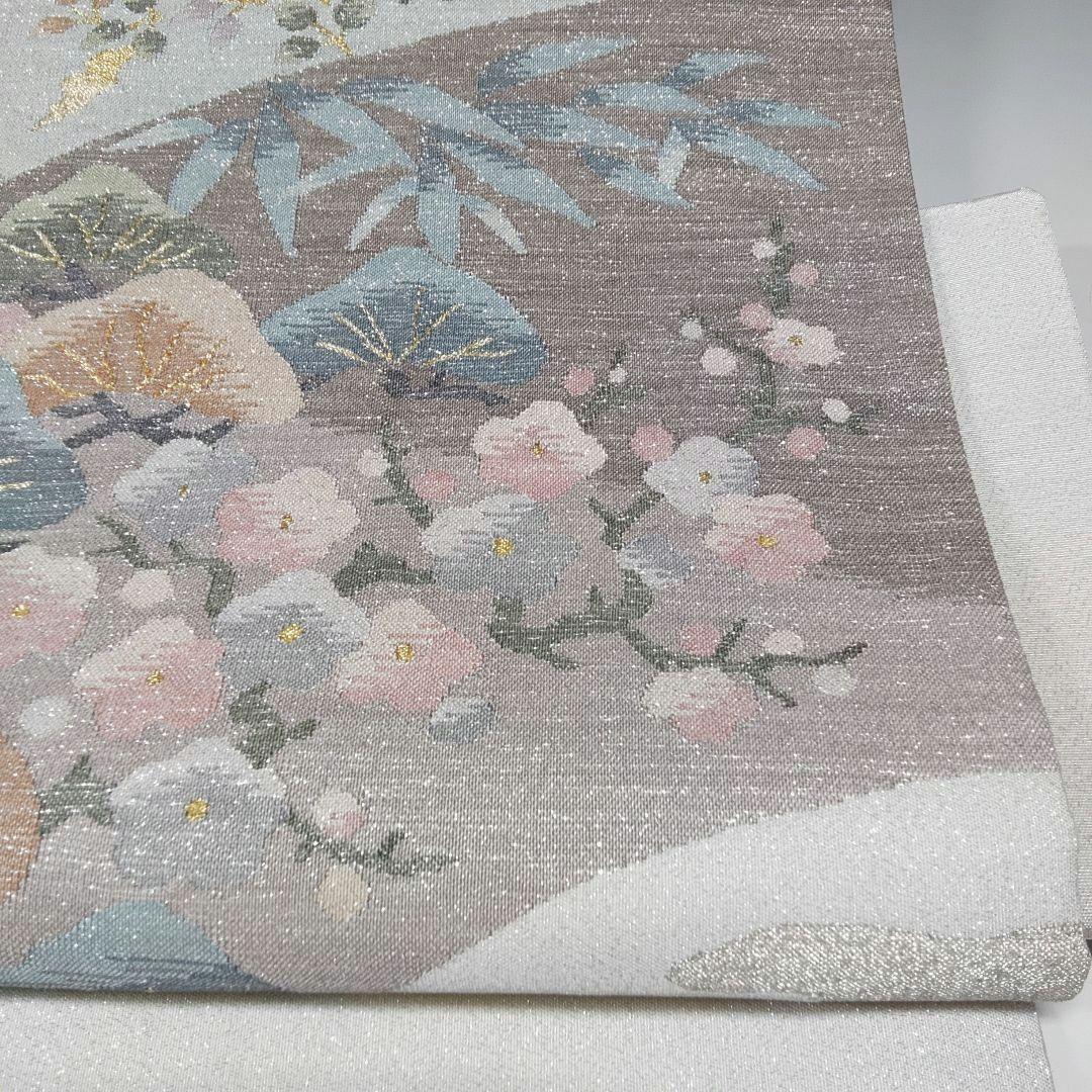 美品❗二重太鼓の付け帯⭐シルバー 松竹梅菊 お太鼓柄 3136+フック500
