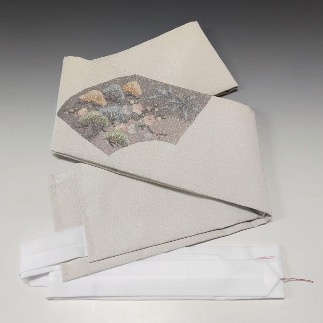 美品❗二重太鼓の付け帯⭐シルバー 松竹梅菊 お太鼓柄 3136+フック500