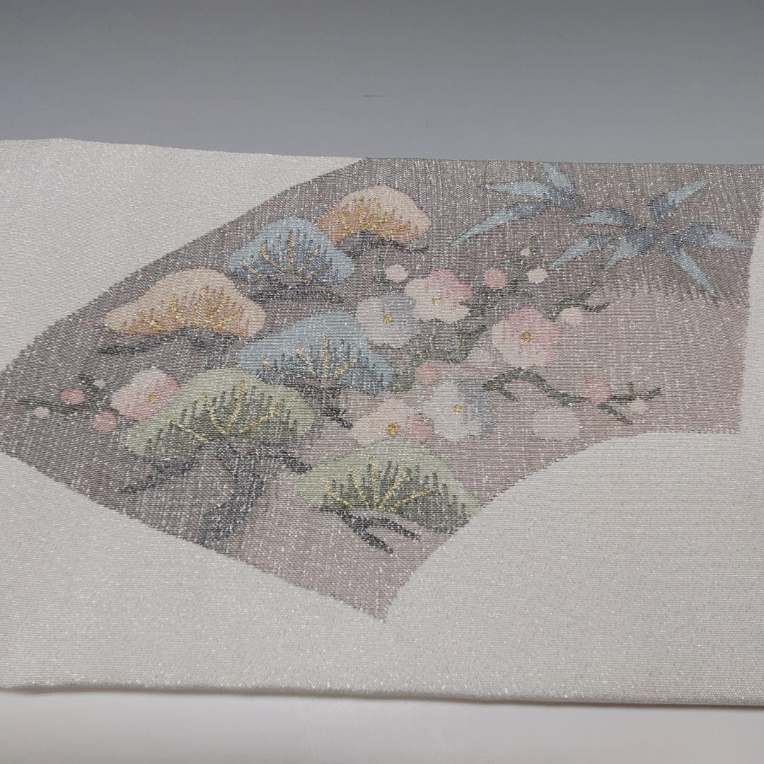 美品❗二重太鼓の付け帯⭐シルバー 松竹梅菊 お太鼓柄 3136+フック500