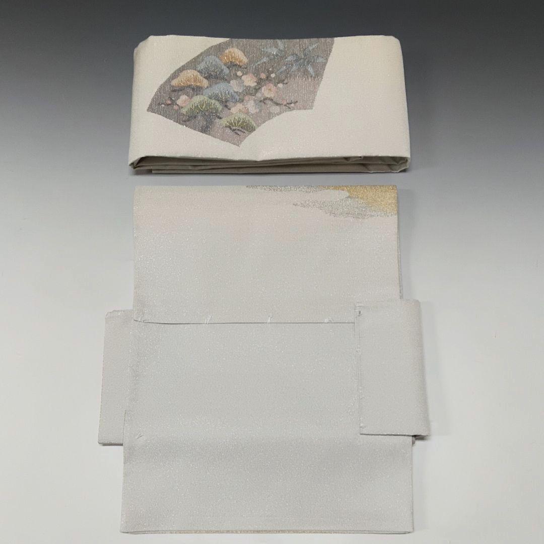 美品❗二重太鼓の付け帯⭐シルバー 松竹梅菊 お太鼓柄 3136+フック500