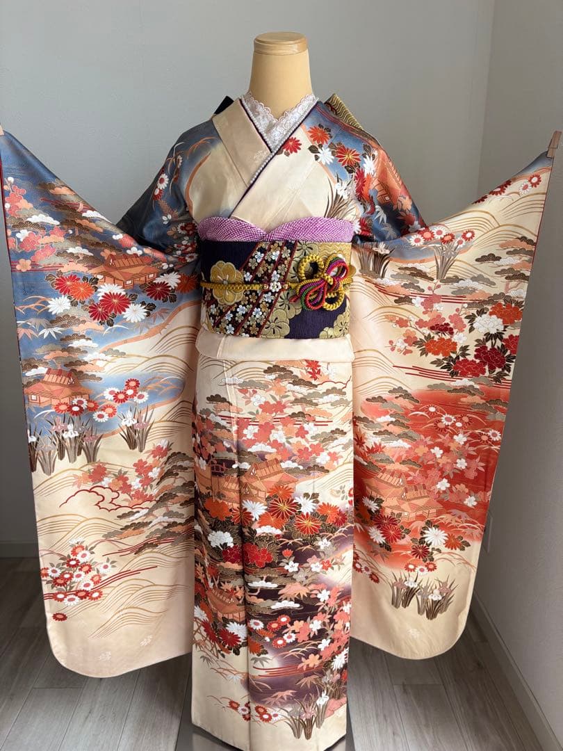 ♡ 【特別大特価❣️④】振袖フルセット　正絹　成人式　ベージュ系