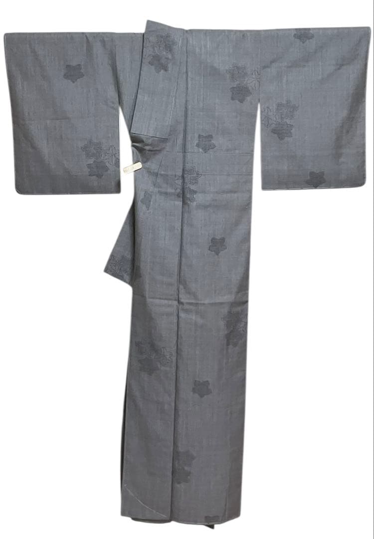 本場結城紬 重要無形文化財 百山亀甲 小紋 葉文 楓 錫色 証紙 イ6440