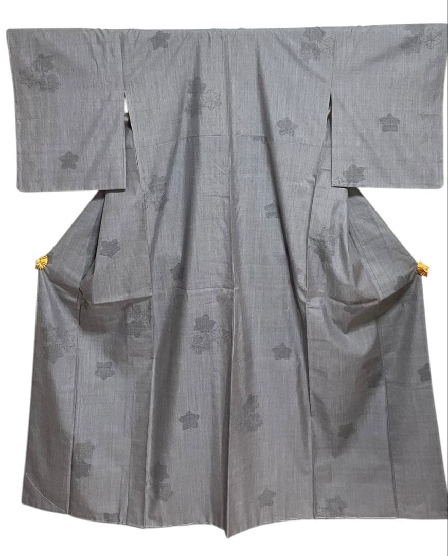 本場結城紬 重要無形文化財 百山亀甲 小紋 葉文 楓 錫色 証紙 イ6440