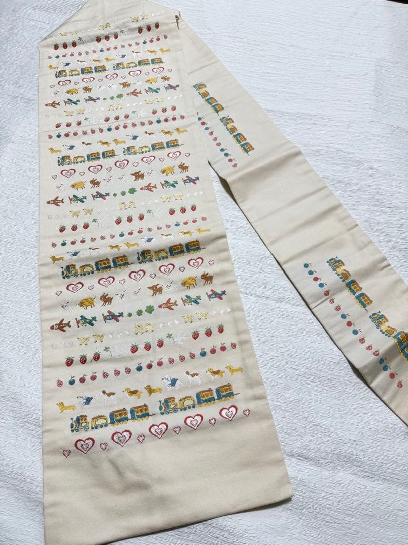 m-48 汽車 乗り物 動物 犬 ハート 苺 名古屋帯 正絹