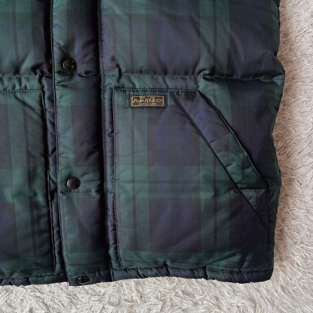 【美品】ポロラルフローレン ダウンベスト 緑×紺 タータンチェック フード付
