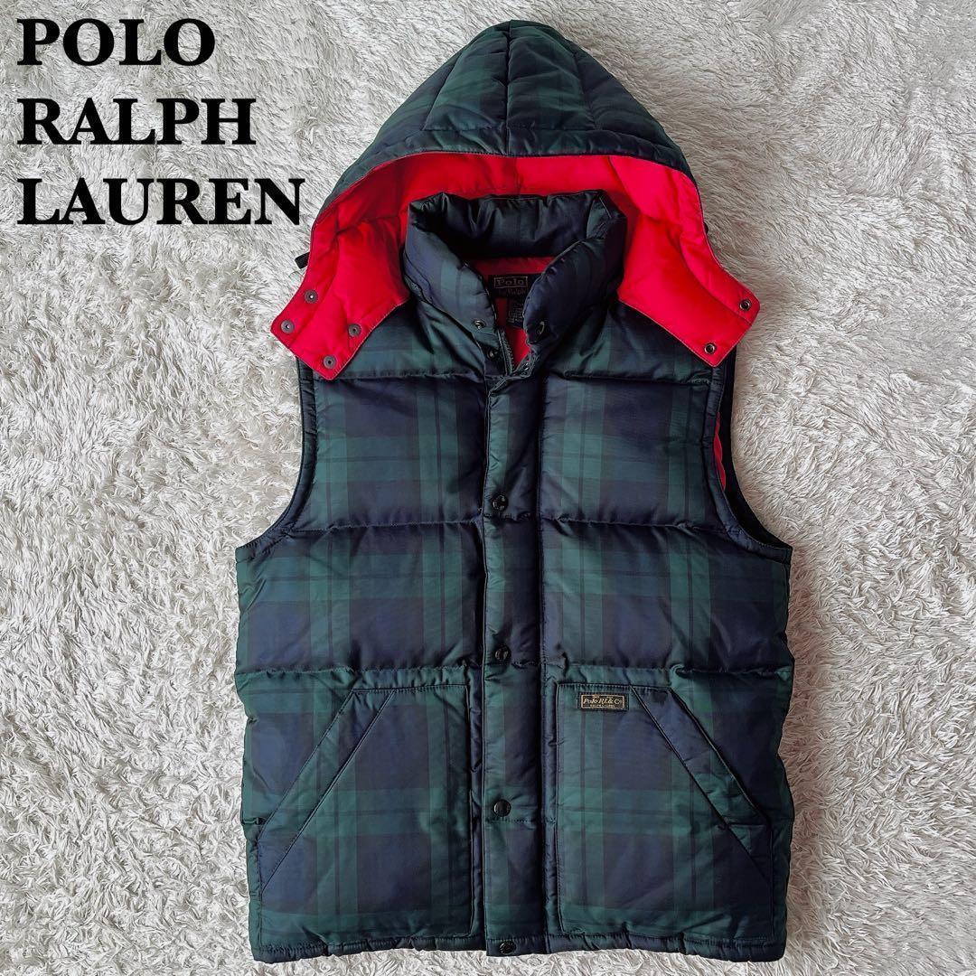 【美品】ポロラルフローレン ダウンベスト 緑×紺 タータンチェック フード付