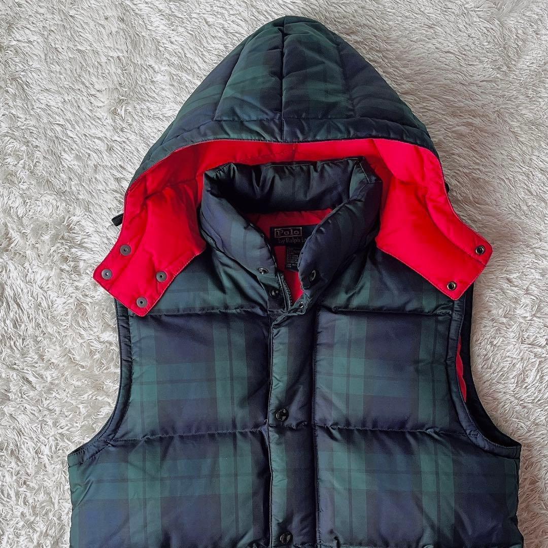 【美品】ポロラルフローレン ダウンベスト 緑×紺 タータンチェック フード付