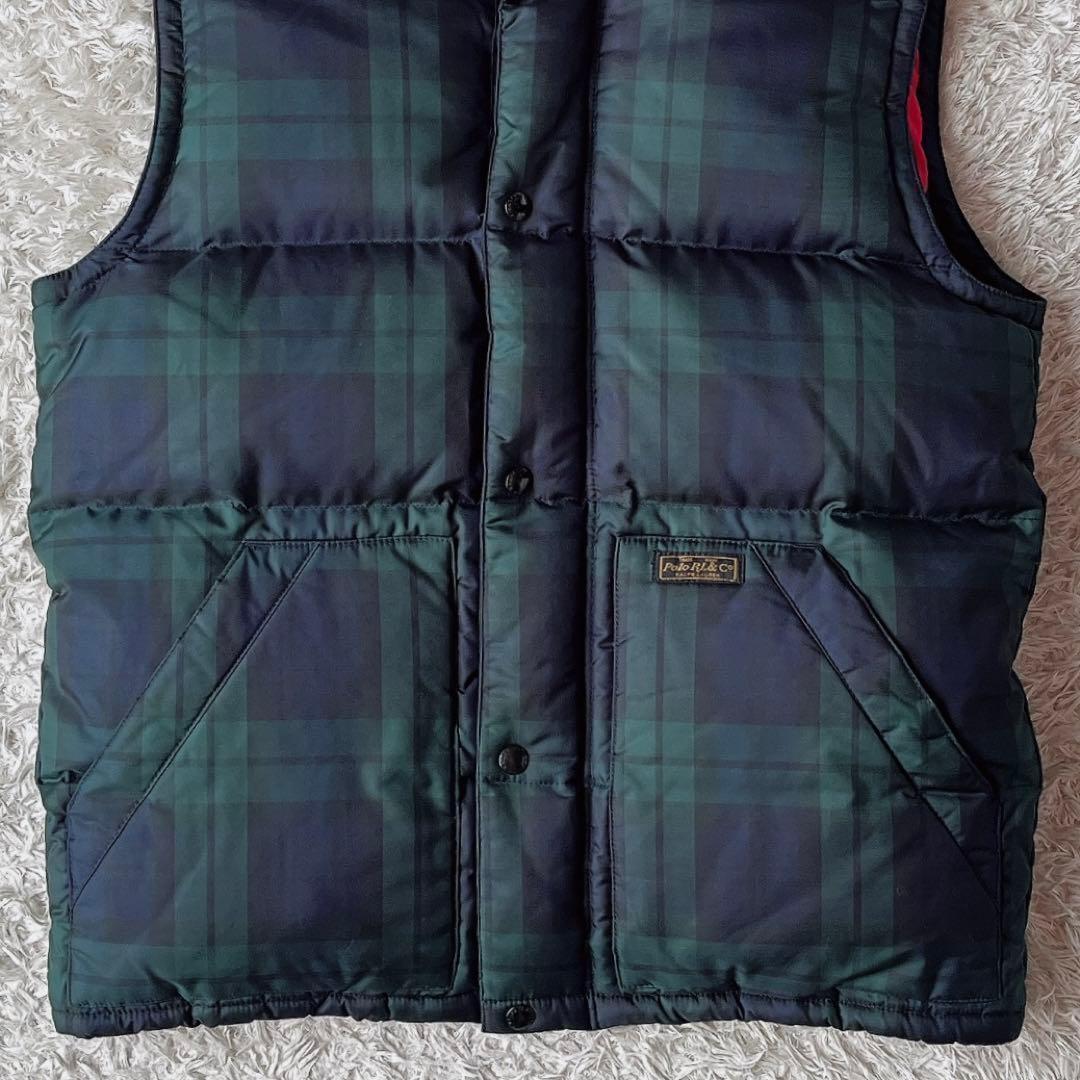 【美品】ポロラルフローレン ダウンベスト 緑×紺 タータンチェック フード付
