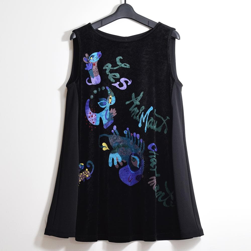 TOKUKO 1er VOL アートプリント ベロア Aライン チュニック 黒