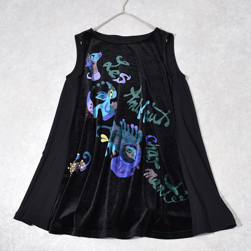 TOKUKO 1er VOL アートプリント ベロア Aライン チュニック 黒