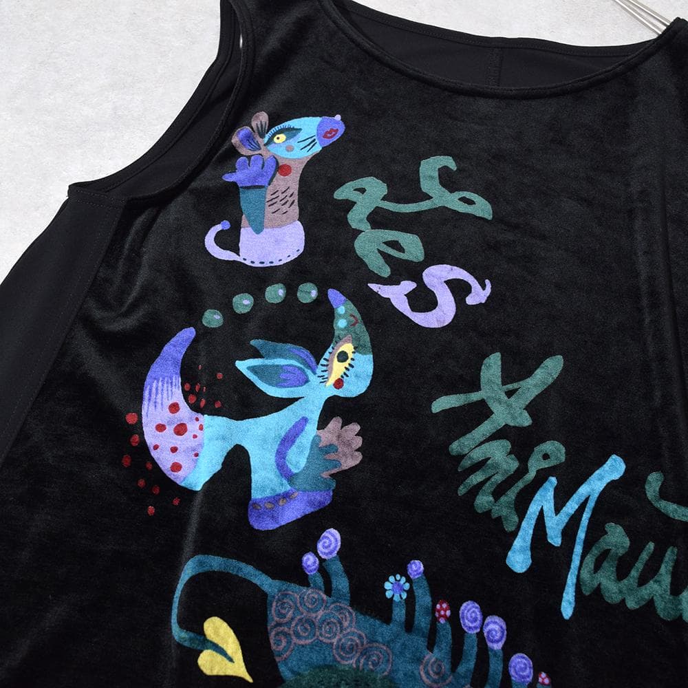 TOKUKO 1er VOL アートプリント ベロア Aライン チュニック 黒