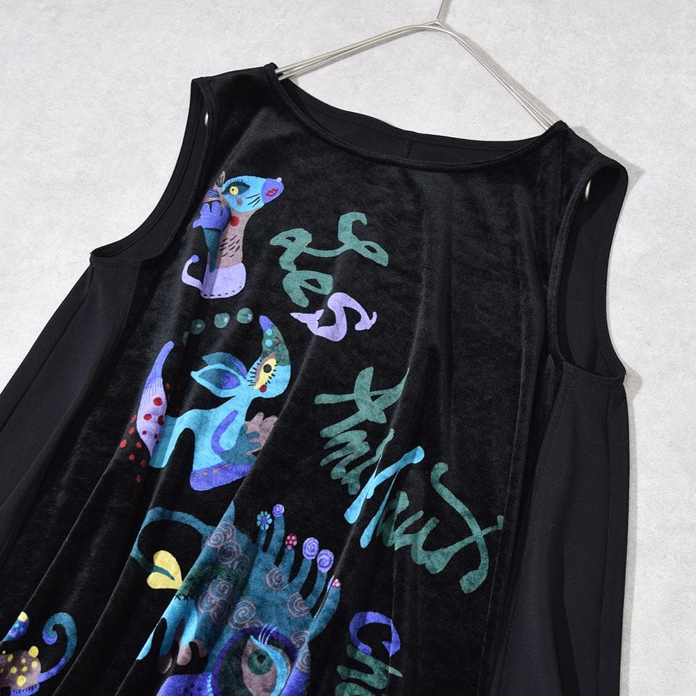 TOKUKO 1er VOL アートプリント ベロア Aライン チュニック 黒