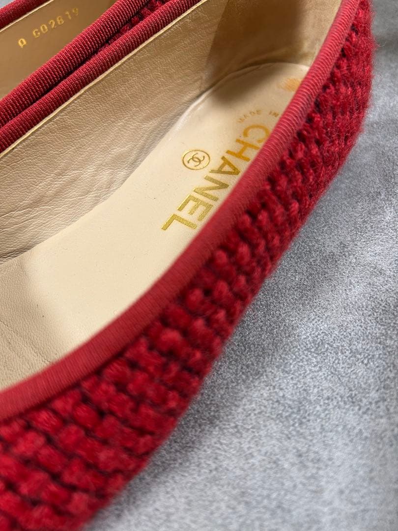 正規品　レア　シャネル　ココマーク ツイード レッド　バレエシューズ