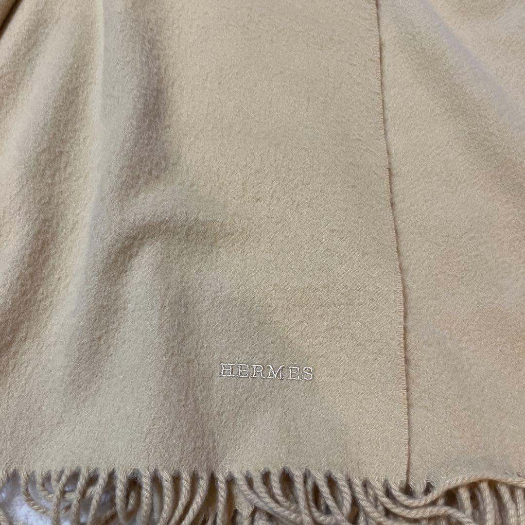 エルメス　大判ストール　キャメル　カシミヤ　ロゴ刺繍入り