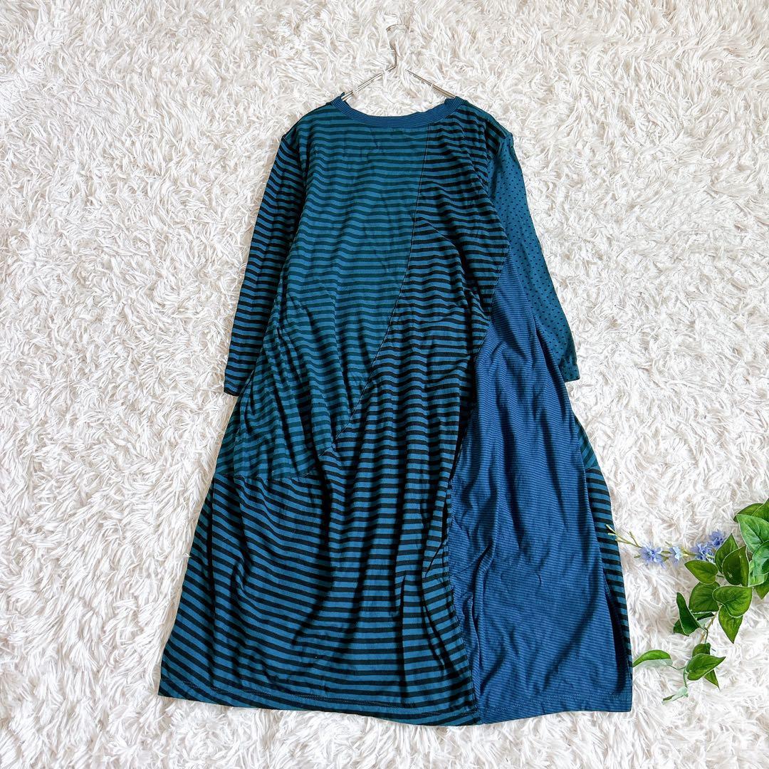 センソユニコ⁂ロングチュニック　ワンピース　ボーダー　ドット　パッチワーク　青系